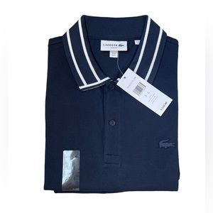 LACOSTE Slim Fit Polo Cotton Size 5 Large Navy Blue White NEW NWT